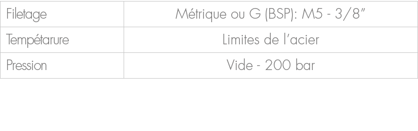 Filetage,M trique ou G (BSP): M5 3/8”,Temp tarure,Limites de l’acier,Pression,Vide 200 bar